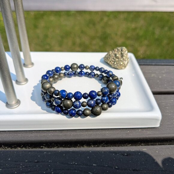 Natural Lapis Lazuli and Pyrite Memory Wire Layer Bracelet - Picture 7 of 14